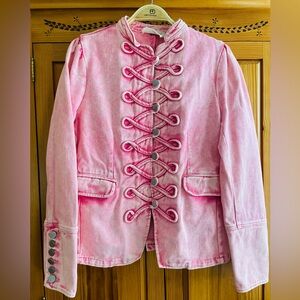 Vintage 90s retro neon pink denim jean jacket military style Dolly Parton Small